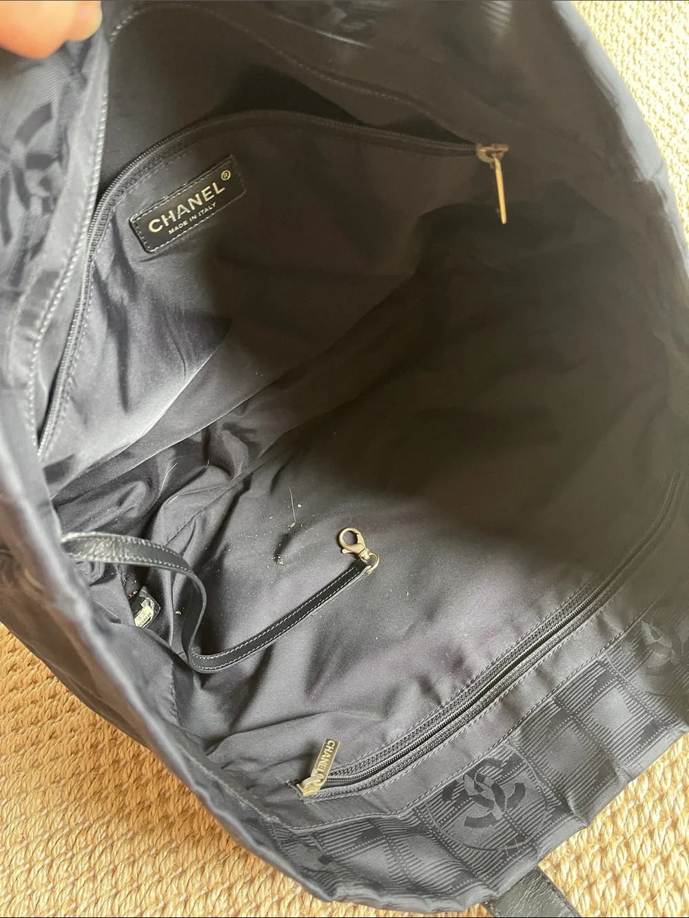 CHANEL Black  Logo Jacquard Tote with Leather Handles